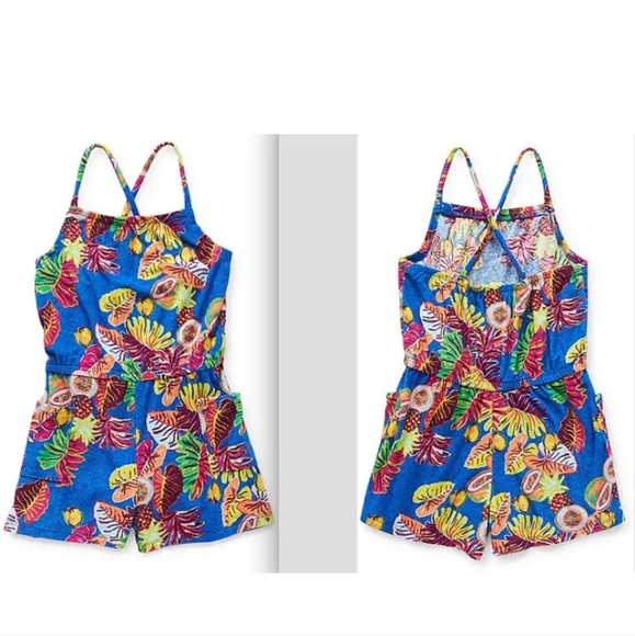 ThereAbouts Racing Blue Leaf Terry Cloth Romper Size Girl's Large 14 NEW - Picture 1 of 9
